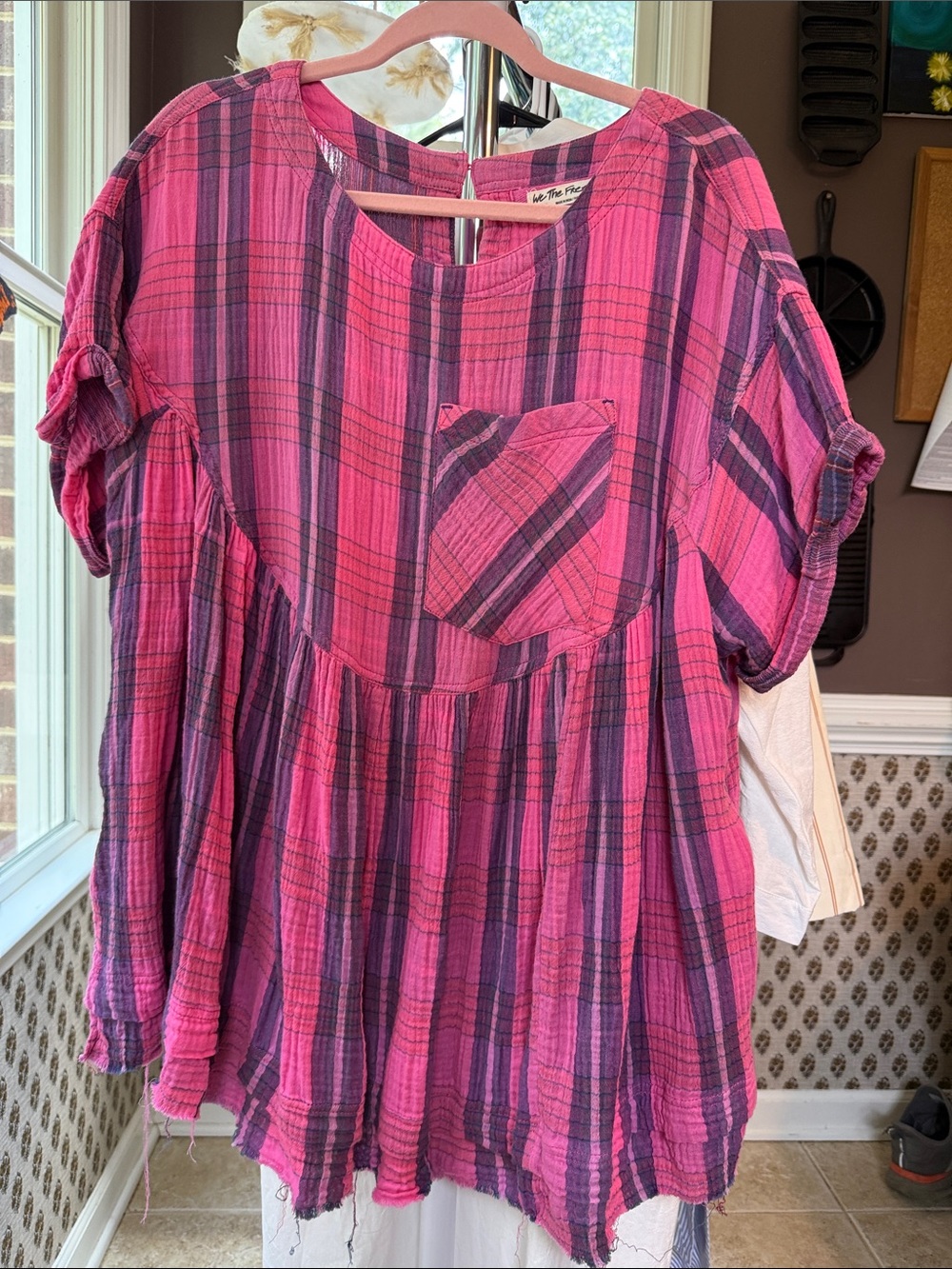 We The Free Fuchsia and Purple Plaid Short-Sleeve Tunic w/ Pockets - Picture 1 of 4